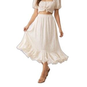 Vintage Cactus Flower Boho Prairie Midi Skirt Cotton Gauze Ruffle USA M